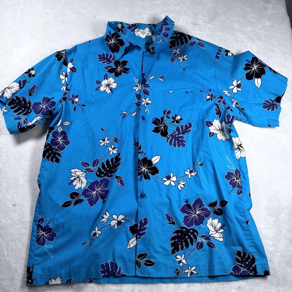 Made in Hawaii Shirt‎ Mens Large Blue Aloha Hawaiian Floral Button Front USA